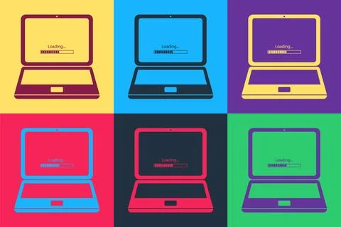 Pop art Laptop update process with loading bar icon isolated on color background Stock Illustration