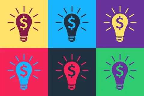 Pop art Light bulb with dollar symbol icon isolated on color background. Money Stock Illustration