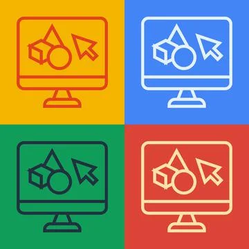 Pop art line 3D printer software icon isolated on color background. 3d printing Illustrazione stock