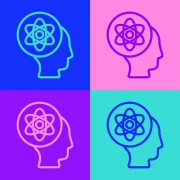 Pop art line Atom icon isolated on color background. Symbol of science, edu.. Ilustración de archivo
