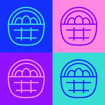 Pop art line Basket with easter eggs icon isolated on color background. Hap.. Illustrazione stock