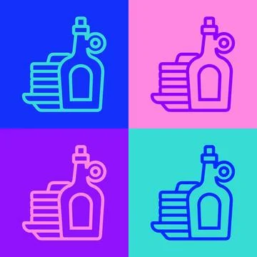 Pop art line Bottle of maple syrup with stack of pancakes icon isolated on color 库存插图