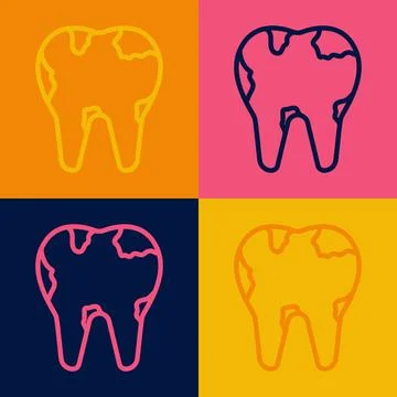 Pop art line Broken tooth icon isolated on color background. Dental problem icon Stock Illustration