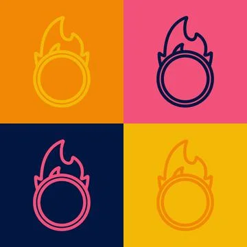 Pop art line Circus fire hoop icon isolated on color background. Ring of fi.. Stock Illustration