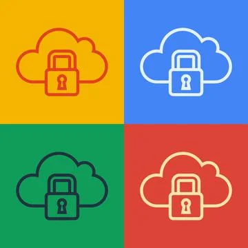 Pop art line Cloud computing lock icon isolated on color background. Security 스톡 일러스트