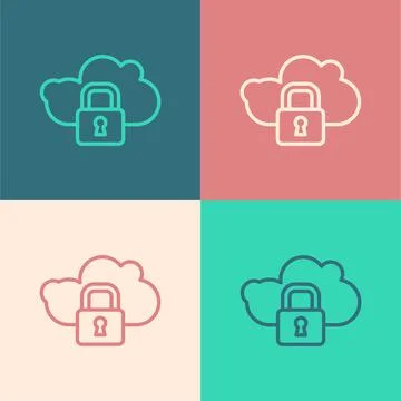 Pop art line Cloud computing lock icon isolated on color background. Security Stock Illustration