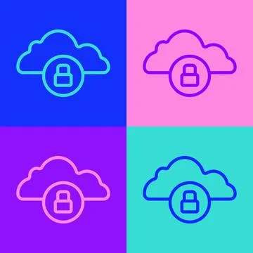 Pop art line Cloud computing lock icon isolated on color background. Security Stock Illustration