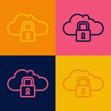 Pop art line Cloud computing lock icon isolated on color background. Security 스톡 일러스트