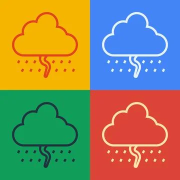 Pop art line Cloud with rain and lightning icon isolated on color background Stock Illustration