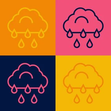 Pop art line Cloud with rain icon isolated on color background. Rain cloud pr Stock Illustration