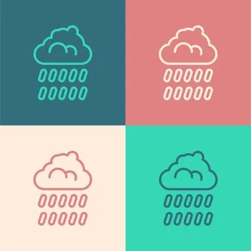 Pop art line Cloud with rain icon isolated on color background. Rain cloud .. Stock Illustration