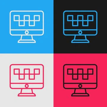 Pop art line Computer call taxi service icon isolated on color background Stock Illustration