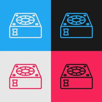Pop art line Computer cooler icon isolated on color background. PC hardware fan Illustrazione stock