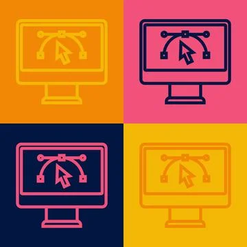 Pop art line Computer display with vector design program icon isolated on i.. Stock Illustration