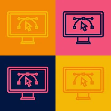 Pop art line Computer display with vector design program icon isolated on i.. Illustrazione stock