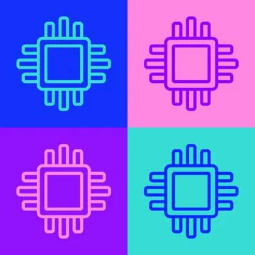 Pop art line Computer processor with microcircuits CPU icon isolated on color Illustrazione stock