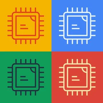 Pop art line Computer processor with microcircuits CPU icon isolated on color Stock Illustration