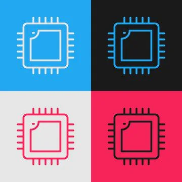 Pop art line Computer processor with microcircuits CPU icon isolated on color イラスト素材