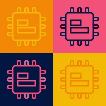 Pop art line Computer processor with microcircuits CPU icon isolated on color Illustrazione stock