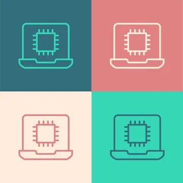 Pop art line Computer processor with microcircuits CPU icon isolated on color 스톡 일러스트