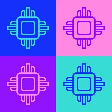 Pop art line Computer processor with microcircuits CPU icon isolated on color Stock Illustration