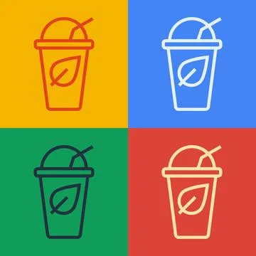 Pop art line Cup of tea with leaf icon isolated on color background. Sweet .. Stock Illustration