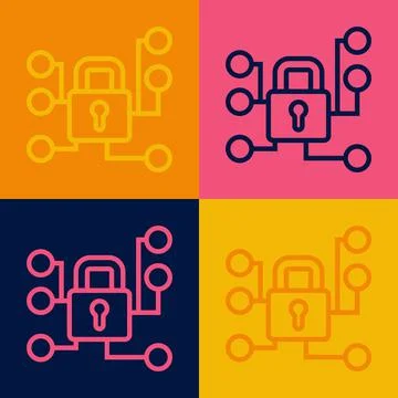 Pop art line Cyber security icon isolated on color background. Closed padlock on Stock Illustration