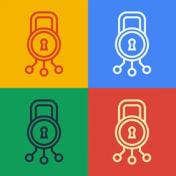 Pop art line Cyber security icon isolated on color background. Closed padlock on Illustrazione stock