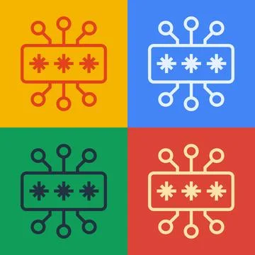 Pop art line Cyber security icon isolated on color background. Closed padlo.. Illustrazione stock