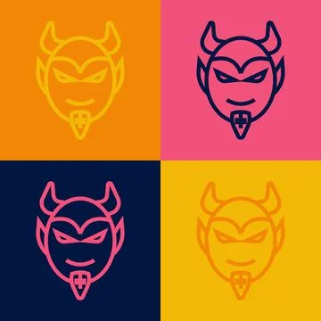 Pop art line Devil head icon isolated on color background. Happy Halloween pa Stock Illustration
