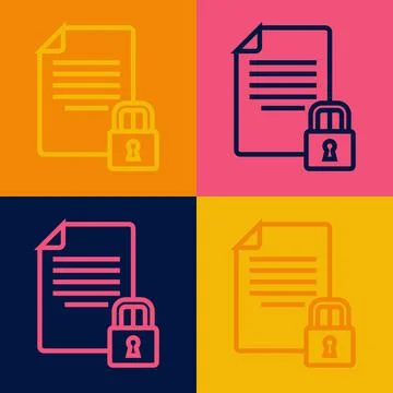 Pop art line Document and lock icon isolated on color background. File format Stock Illustration
