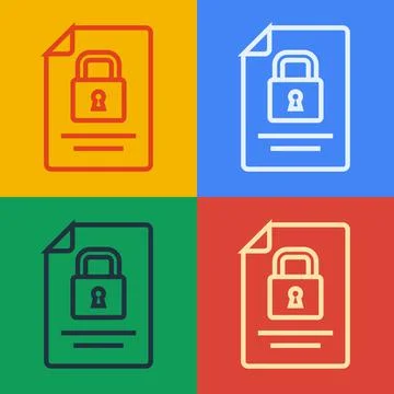 Pop art line Document and lock icon isolated on color background. File format 스톡 일러스트