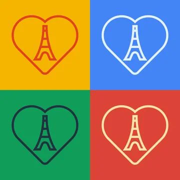 Pop art line Eiffel tower with heart icon isolated on color background. France イラスト素材