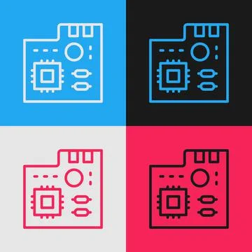 Pop art line Electronic computer components motherboard digital chip integrated Illustrazione stock