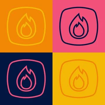 Pop art line Fire flame icon isolated on color background.  Vector Stock Illustration
