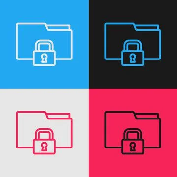 Pop art line Folder and lock icon isolated on color background. Closed folder Stock Illustration