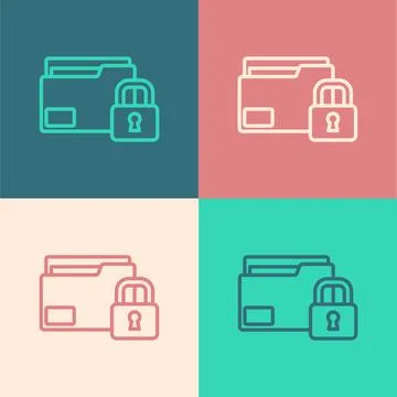 Pop art line Folder and lock icon isolated on color background. Closed folder Stock Illustration