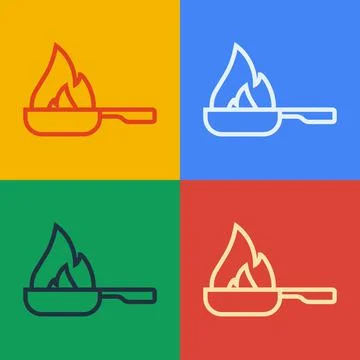 Pop art line Frying pan icon isolated on color background. Fry or roast food Stock Illustration