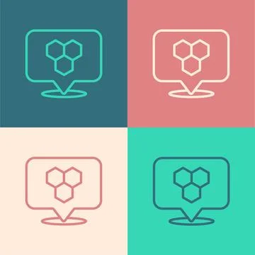 Pop art line Honeycomb bee location map pin pointer icon isolated on color .. Stock Illustration
