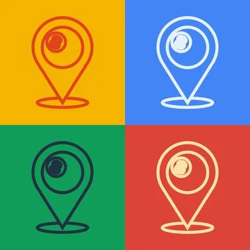 Pop art line Map pointer with billiard pool snooker ball with number 8 icon Stock Illustration