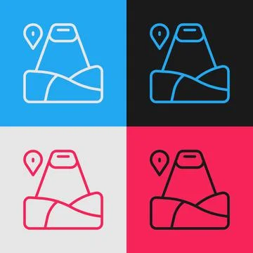 Pop art line Map pointer with mountain icon isolated on color background Stock Illustration