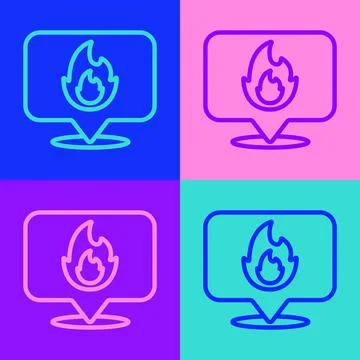 Pop art line Map pointer with fire flame icon isolated on color background. Fire 스톡 일러스트