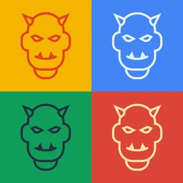 Pop art line Mask of the devil with horns icon isolated on color background Illustrazione stock