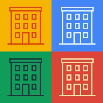 Pop art line Multi storey building icon isolated on color background.  Vector Ilustración de archivo