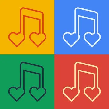 Pop art line Music note, tone with hearts icon isolated on color background Stock Illustration