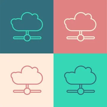Pop art line Network cloud connection icon isolated on color background. So.. Stock Illustration