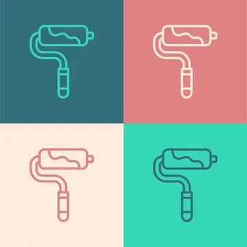 Pop art line Paint roller brush icon isolated on color background.  Vector Stock Illustration