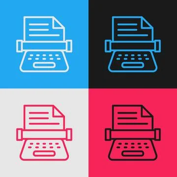 Pop art line Retro typewriter and paper sheet icon isolated on color backgr.. Stock Illustration