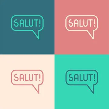 Pop art line Salut in different languages icon isolated on color background Stock Illustration