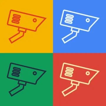 Pop art line Security camera icon isolated on color background. Vector Stock Illustration